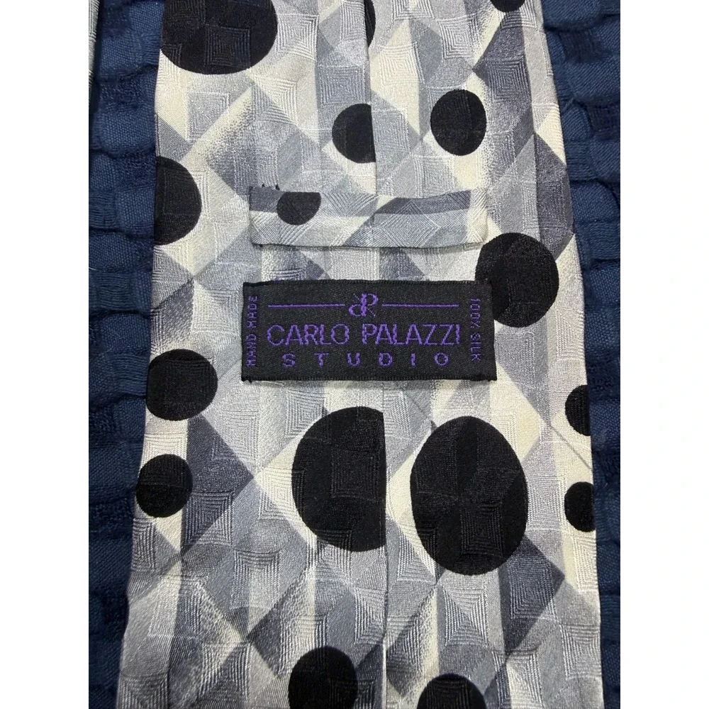 Vintage Carlo Palazzi 100% Silk Tie Hand Made Black Silver Polka Dots